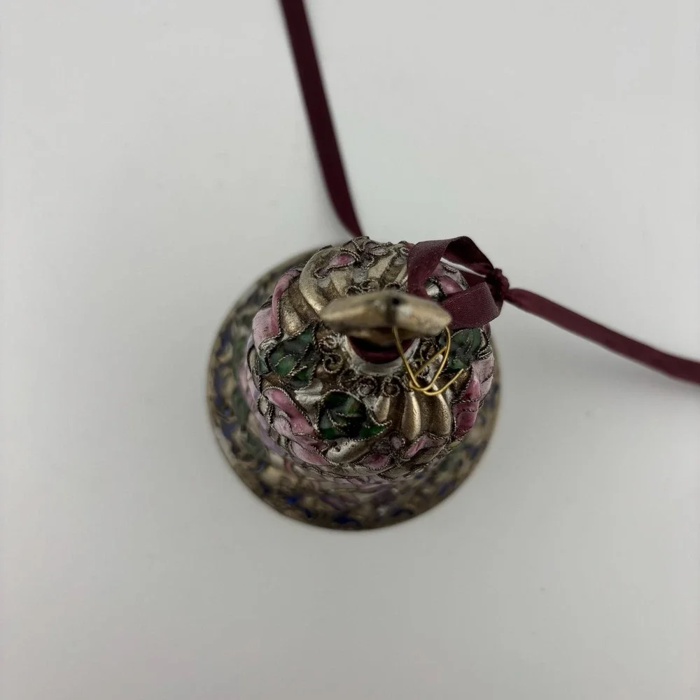 Cloisonne Floral Bell Silver Pink Excellent Rose Enamel Ornament